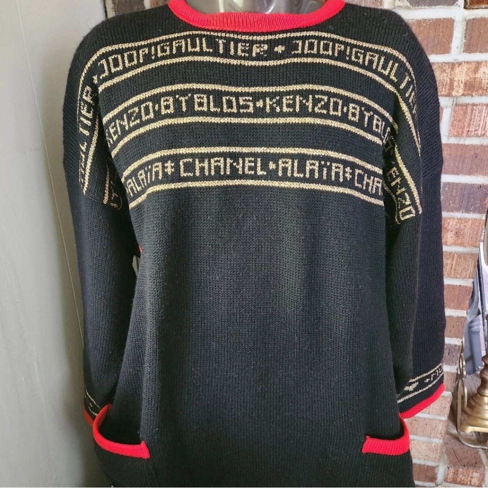 VTG Susanne Moewes W Germany Sweater Coat Oversize XL Black Red Trim Pockets 80s